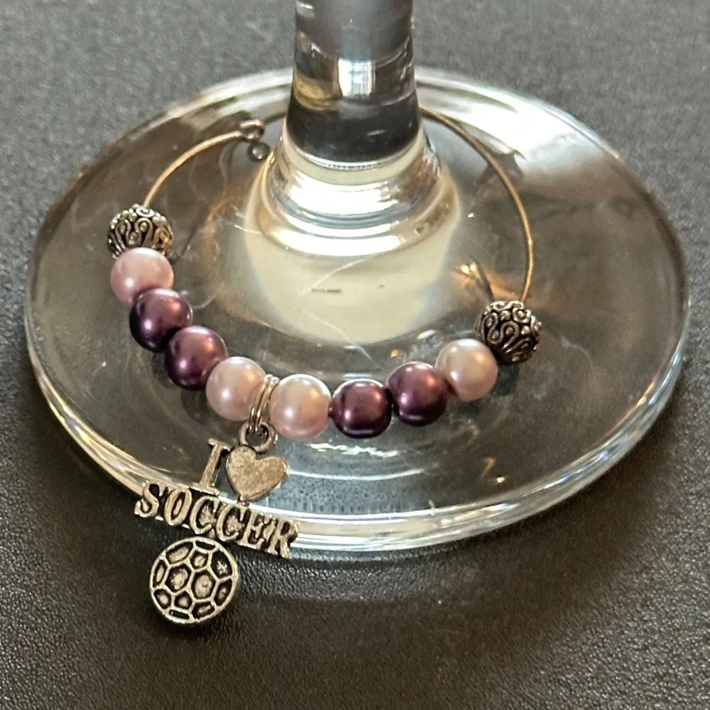 Wine glass tag, stainless steel purple/white/metal beads, Soccer charm